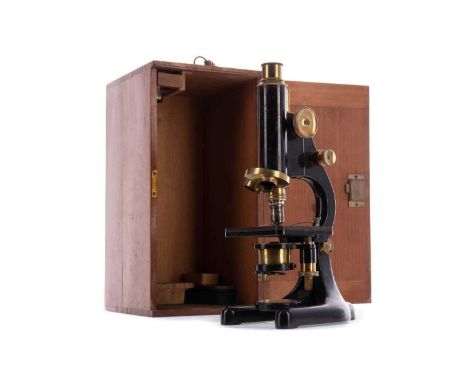 BRASS MICROSCOPE BY NEGRETTI &amp; ZAMBRA OF LONDON,No. 374, Patent no. 225412, in original mahogany case with lenses and sli