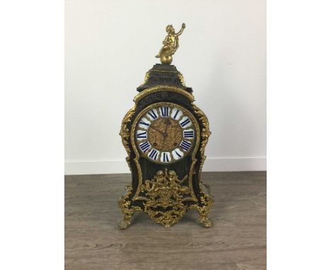 LARGE 19TH CENTURY BOULLE WORK EIGHT DAY CLOCK,of shaped outline, with gilt metal putto finial, the enamelled chapter ring se