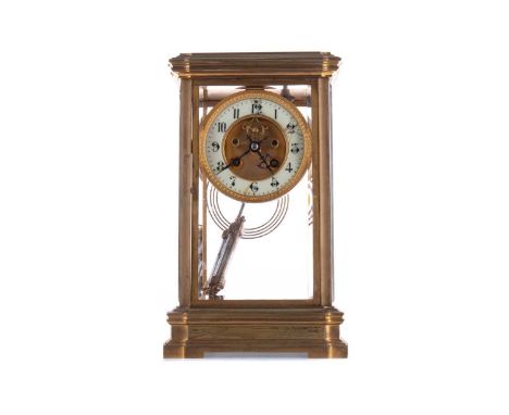 VICTORIAN GILT METAL AND FOUR GLASS MANTEL CLOCK,with two train eight day movement, striking on a coil, visible escapement, t