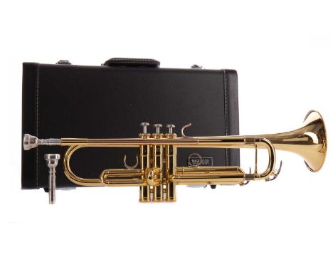 YAMAHA BRASS TRUMPET,numbered YTR 6335 995044, simulated mother of pearl keys, 48.3cm long, in fitted case with sheet musicCo