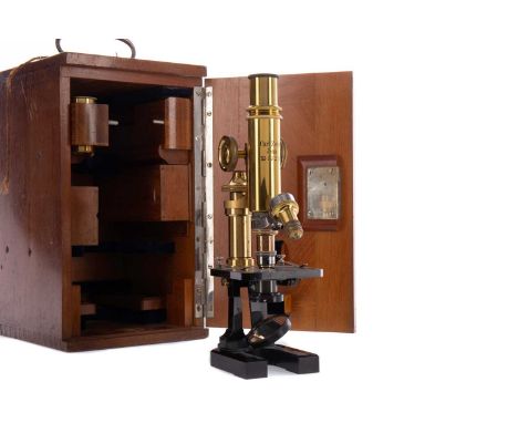 CARL ZEISS MONOCULAR MICROSCOPE,No. 35212, with single ocular and two objectives, 28cm high, in fitted case containing two fu