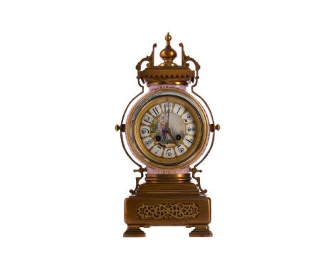 LATE 19TH CENTURY FRENCH BRASS AND PORCELAIN MANTEL CLOCK,with two train eight day movement by Japy Freres, striking on a coi