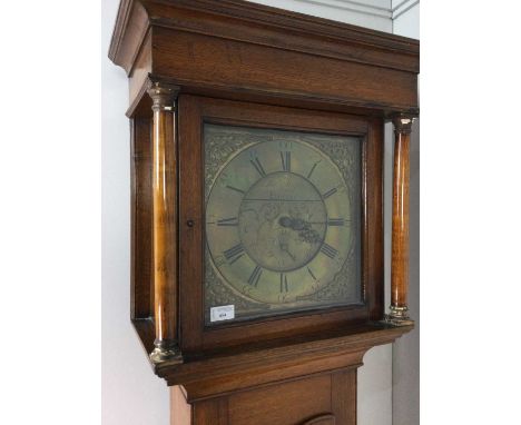 GEORGE III OAK LONGACSE CLOCK,by Thomas Malone of Bawtry, with two train eight day movement, the brass chapter ring with Roma