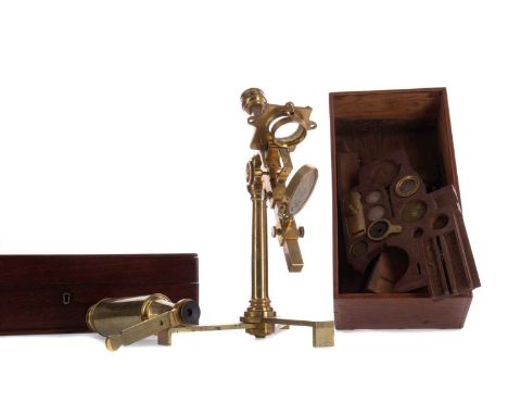 REGENCY 'JONES MOST IMPROVED' BRASS MONOCULAR MICROSCOPE BY DOLLOND OF LONDON,circa 1825, in original wooden case, along with