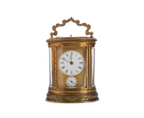 LATE 19TH CENTURY BRASS REPEATER CARRIAGE CLOCK,with two train eight day movement, two hammers striking on a coil, the engrav