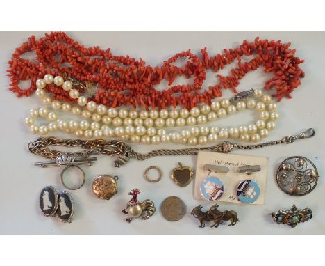 A pair of silver and enamel "Mayflower" cufflinks, an enamelled silver brooch and other items in a small jewellery case.