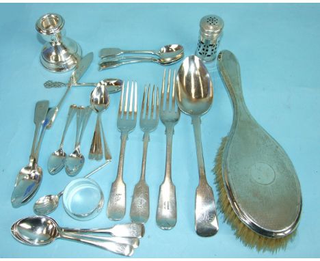 A collection of mainly fiddle pattern flatware, a napkin ring and other items, weighable silver ___16oz.