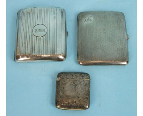 An engine-turned silver rectangular cigarette case, Chester 1908, another and a Vesta case, (3) ___6oz.