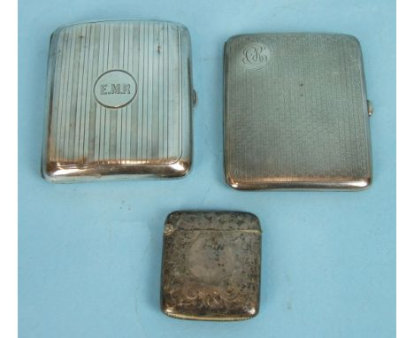 An engine-turned silver rectangular cigarette case, Chester 1908, another and a Vesta case, (3) ___6oz.