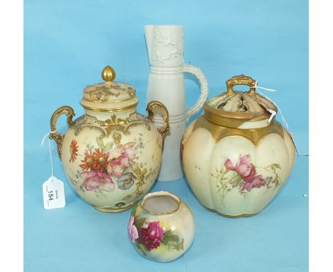 A Royal Worcester baluster blush vase and cover decorated with sprays of flowers, date mark for 1884, shape 1515, 21cm high, 