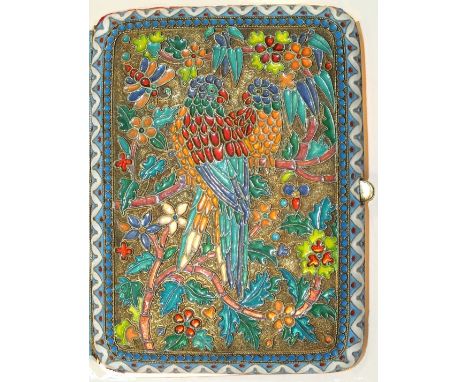 A Russian silver gilt and plique-à-jour enamel cigarette case, each hinged side decorated with a parrot perched on a branch a