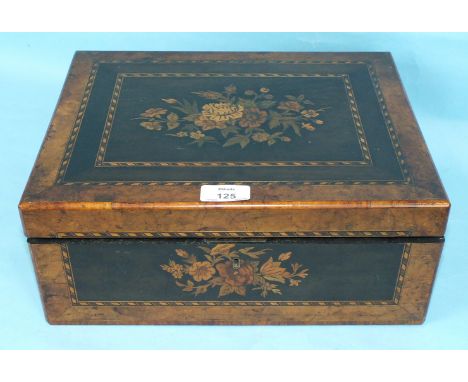 A Continental walnut and marquetry work box with fitted interior, 33cm, (in need of restoration), various mother of pearl and