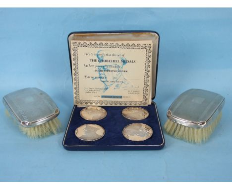 A cased set of four sterling silver Churchill medals by John Pinches, with certificate, numbered 182, 4.82oz and a pair of en