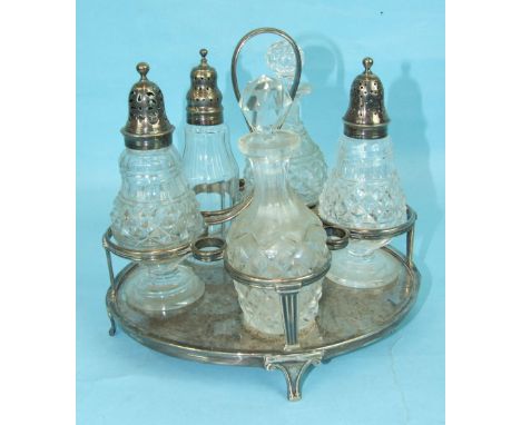 A late-George-III oval silver cruet stand by R & S Hennell, the reeded frame to hold five bottles raised on tab feet, London 