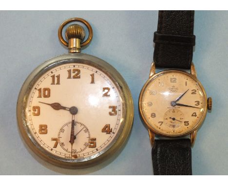 A gents Smiths de Luxe 9ct-gold-cased wrist watch with Arabic numerals and seconds subsidiary, B R inscription to back, and a