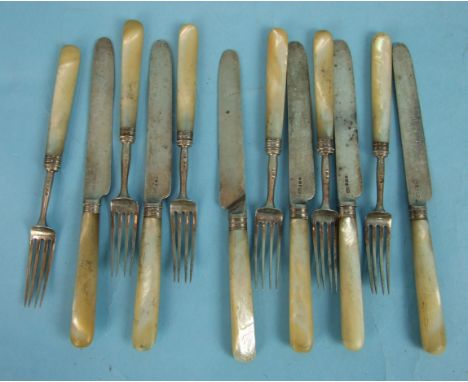A set of six each George III dessert eaters with mother of pearl handles, maker MB.