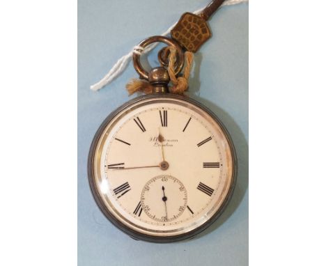 J W Benson, an open-face key-wind pocket watch, "The Ludgate Watch", with engine-turned silver case, white enamel dial with R