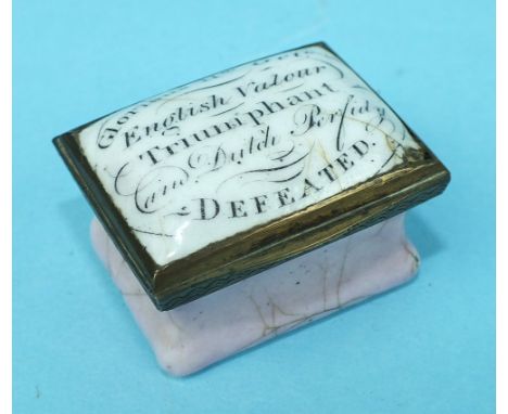 A 19th century enamel patch box commemorating victory over the Dutch fleet, October 11th 1797 at the Battle of Camperdown, th