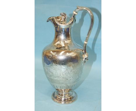 An E & J Barnard baluster-shaped wine jug, the body engraved with chariots on stippled ground, hinged lid with Roman helmet f