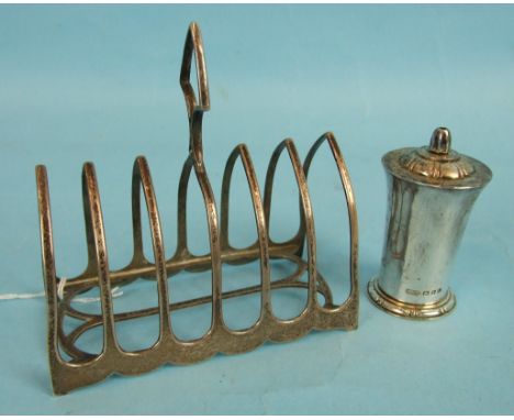 An R E Stone silver salt of tapered beaten form, London 1937, 7.5cm high and a six-division toast rack, London 1906 ___5.5oz.