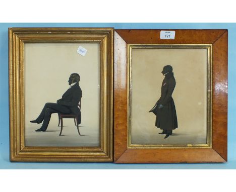 A 19th century silhouette full-length portrait of a gentleman wearing an overcoat and holding a top hat, 25 x 20cm, in maple 