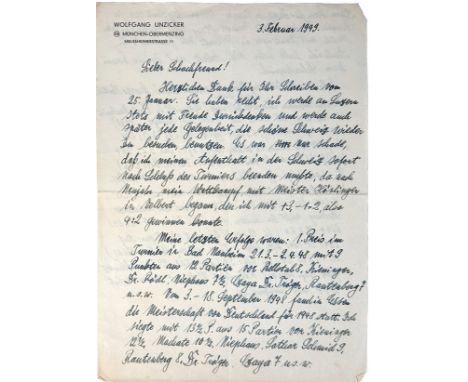 UNZICKER, Wolfgang (1925-2006). Autograph letter to anonymous addressee ('Lieber Schachfreund'). München-Obermenzing, 3 Febr.