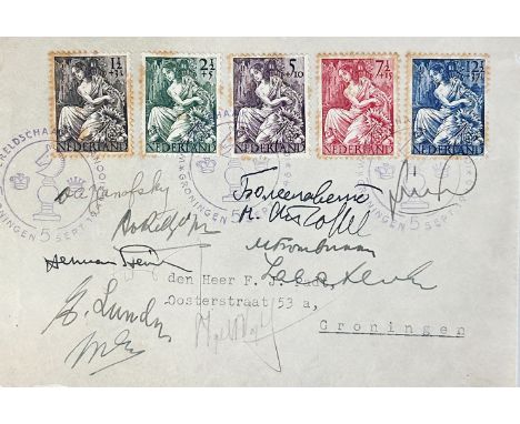 RING BINDER containing 8 leaves with c. 120 signatures, wishes, scribbles, signed business cards etc. by famous chess players