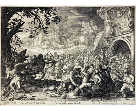 VINCK(E)BOONS -- (MEN AND ANIMALS struggling against Death and Father Time). 1610. Etching by Boëtius à Bolswert (?) after Da
