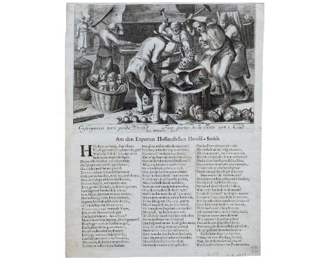 CARICATURE -- "CE FORGERON mijn goede Vrind Fait sortir de la Teste een Kind. Aen den Experten Hollandschen Hoofd-Smith". (16