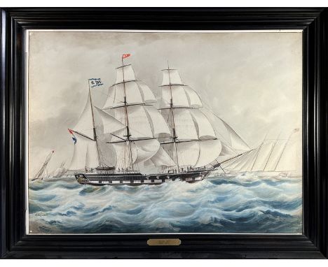 SPIN, Jacob (1806-1875). (Three-master with full sails, flying a Dutch flag). 1860. Watercolour on paper. 535 x 730 mm. Signe