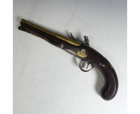 A Twigg 24 bore coaching Pistol, circa 1795, with a 20cm brass barrel with octagonal to round section, marked 'London' and wi