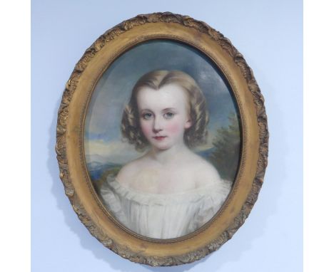 Early 19th century School, Portrait of young girl, head and shoulders, oval, oil on canvas, 55cm x 43cm, framed. 