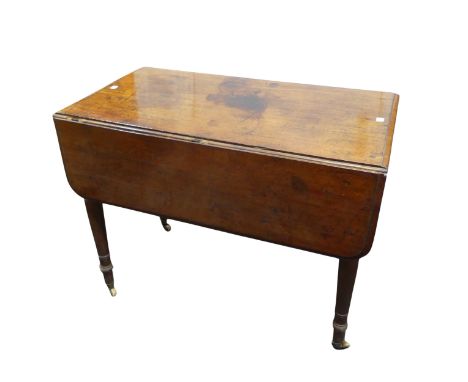 A Georgian mahogany Pembroke Table, raised on turned legs and ceramic castors, one of which has been replaced, W 90 cm x H 71