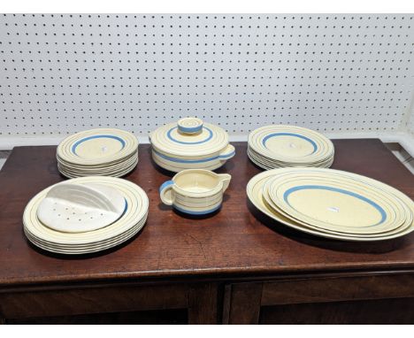 A Clarice Cliff Art Deco pattern part Dinner Service, of banded blue decoration, comprising eleven Breakfast Plates, eight Lu