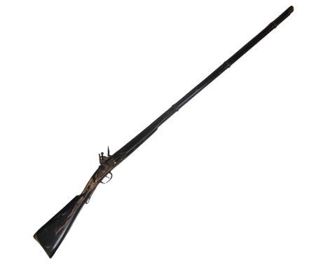 An antique probably 19th century flintlock Musket, 118.5 cm steel barrel with ramrod, flintlock action and regulation brass m