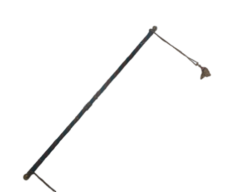 A large brass and wooden hanging tapestry Rail, L 260 cm, together with a painted carved wooden decorative Lintel, 125 cm.