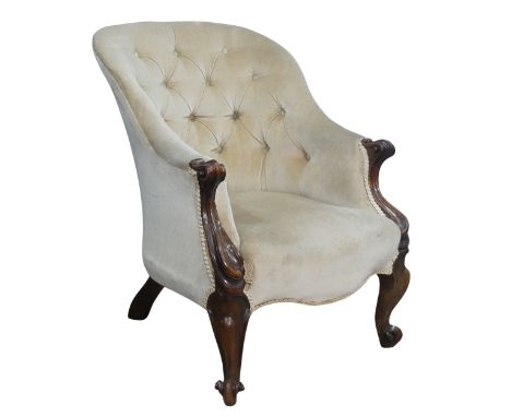 A Victorian button back upholstered show frame Armchair, W 60 cm x H 84 cm x D 63 cm. 