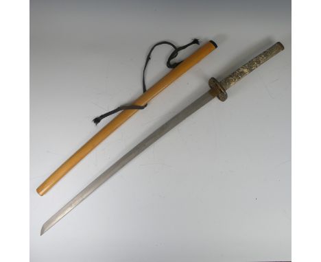 A decorative Japanese inspired Katana, with resin faux ivory handle and light wooden saya, length 104cm.&nbsp; Note: This pro