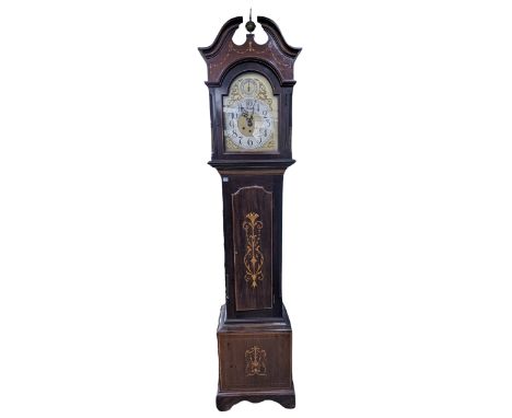 An inlaid mahogany Longcase Clock with arched brass dial, silvered chapter ring with arabic numerals, the back of the movemen