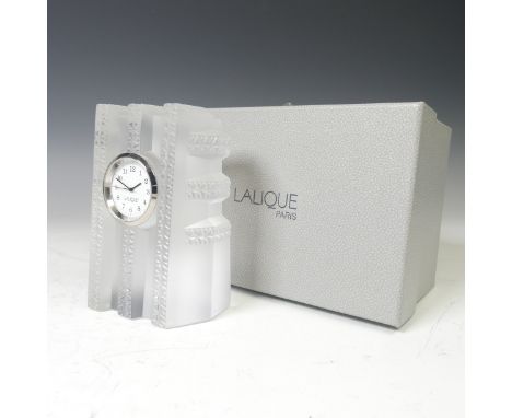 A modern Lalique frosted glass cased Clock, with etched signature to side, damage to top right hand side of glass clock case,