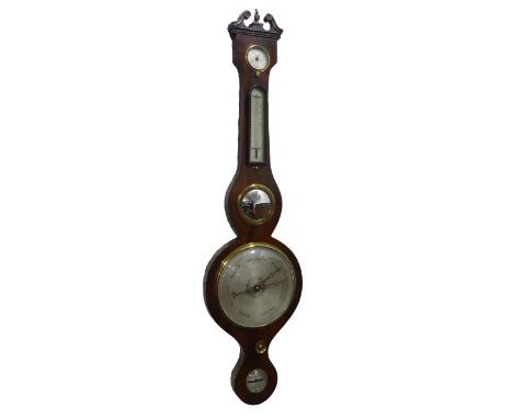 A Georgian mahogany Banjo Barometer,&nbsp;silvered dial, by Manning, Southampton, L 96 cm. 