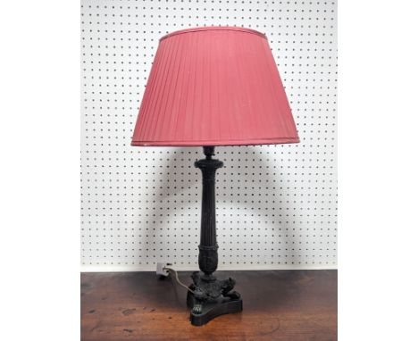 A decorative painted metal tripod Lamp, reeded and acanthus leaf column on three claw feet, H 46 cm. 