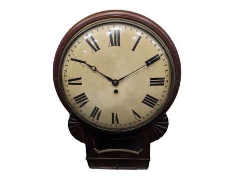 A 19th century mahogany drop dial convex wall Clock, yellowed 12'' dial with roman numerals, encased by bowed glass, single f