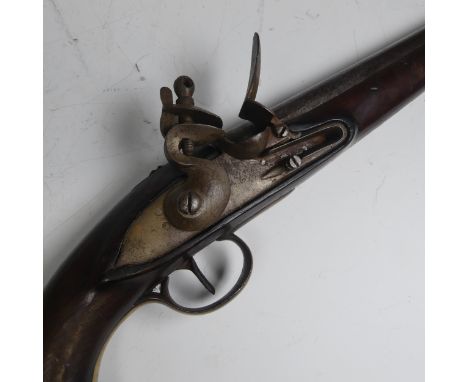 A sea service flintlock Pistol, possibly Belgian, 9 inch steel barrel, full length stock with brass furniture, missing lanyar
