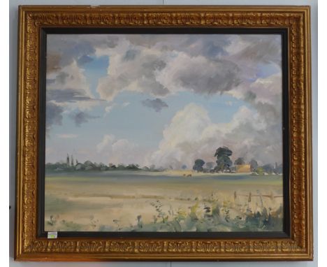 Keith Money&nbsp;(New Zealand, b.1935), Landscape with cloudy blue sky, oil on board, signed with monogram ‘M’ lower right, 5