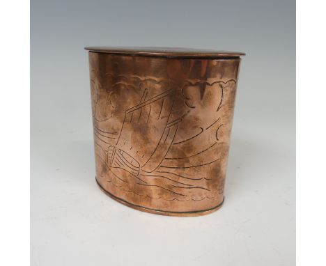 An Arts and Crafts Herbert Dyer copper oval Tea Caddy, hammered in relief with a fishing vessel at full sail, and another sim