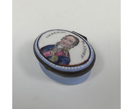 A rare 19thC South Staffordshire enamel Pill Box, the lid with printed and painted portrait entitled 'GENERAL PLATOFF', the h