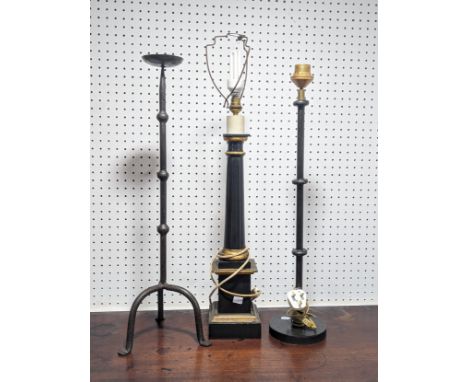 A black and gilt painted table Lamp, raised on stepped base, H 77 cm, together with a wrought iron table Lamp, an iron standa