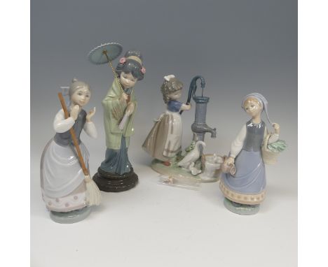 A Lladro porcelain 'Japonesita Sombrero' Figure, no.4988, together with 'A Clean Sweep', 'Summer on the Farm', damaged, and '