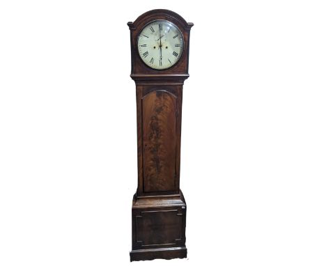 A 30hr flame mahogany longcase Clock, with 12 inch painted circular dial, encased by circular convex glass and domed hood, wi